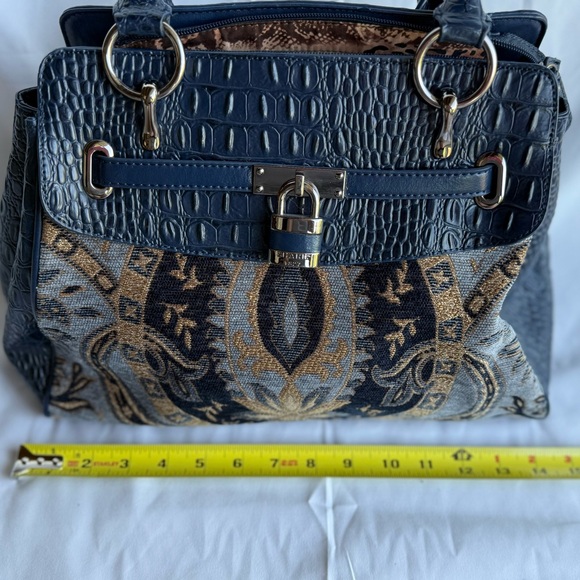 NWOT SHARIF 1827 Blue Tapestry Tote Satchel Handbag Croc Embossed Vintage - Picture 2 of 16